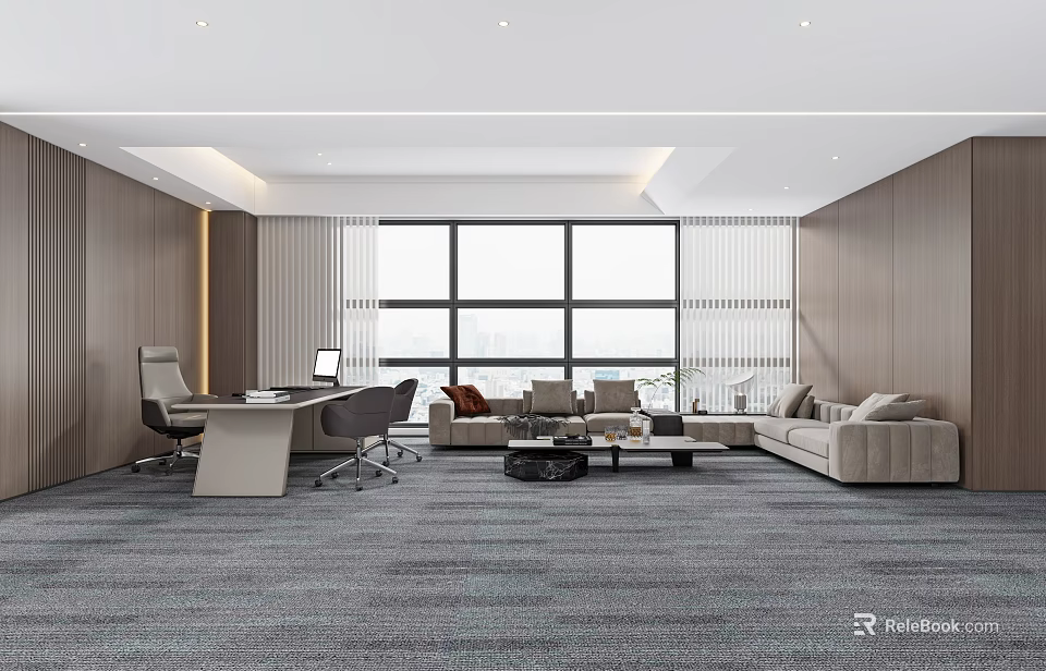 Modern Office Interior With Open Layout Large Windows Sofa Desk And Carpet 3d model