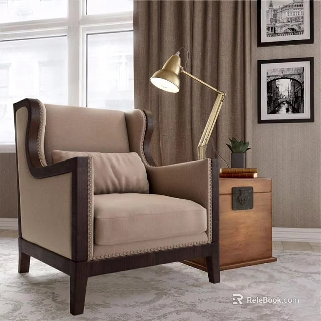 Elegant Single Sofa With Beige Upholstery Brass Table Lamp And Side Table Interior 3d model