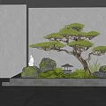 Indoor Landscape With Pine Tree Rocks Stone Lantern Green Plants And Gray Walls