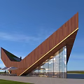 Modern Geometric Building With Rustic Metal Facade Glass Windows Green Lawn And Blue Sky