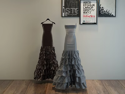 Two Elegant Strapless Satin Dresses In Chocolate And Light Gray With Ruffled Skirt 3d model