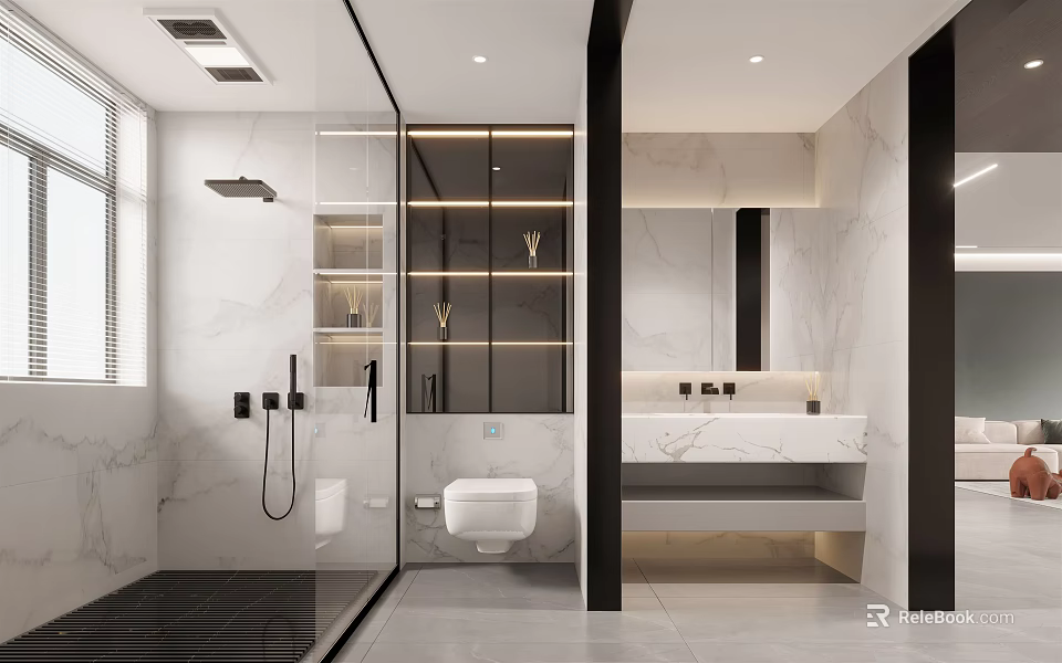 Modern Minimalist Bathroom Interior Design With Glass Shower Enclosure Marble Walls And Wall Mounted Toilet 3d model 