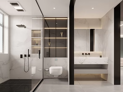 Modern Minimalist Bathroom Interior Design With Glass Shower Enclosure Marble Walls And Wall Mounted Toilet 3d model