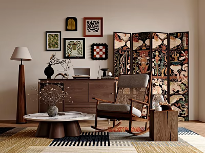 Elegant Living Room Interior Featuring Chest of Drawers Rocking Chair Coffee Table And Framed Wall Art 3d model