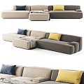 L Shaped Sectional Sofa In Beige Gray With Blue Yellow Decorative Cushions