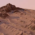 Majestic Desert Landscape With Rugged Rock Formations Sandy Terrain And Lavender Sky