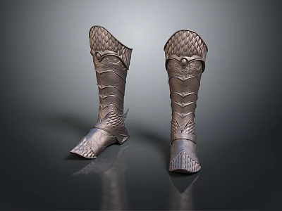 Metallic Armor Inspired Boots Featuring Intricate Carvings And Textured Surface Design 3d model