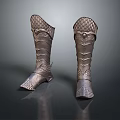 Metallic Armor Inspired Boots Featuring Intricate Carvings And Textured Surface Design