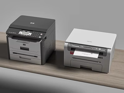Two Black And White Office Printers On Wooden Desk For Efficient Office Use 3d model