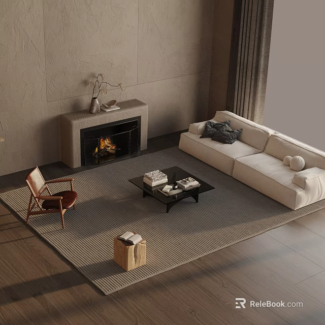 Modern Minimalist Sofa and Coffee Table Set with Fireplace Armchair and Decorative Rug 3d model 