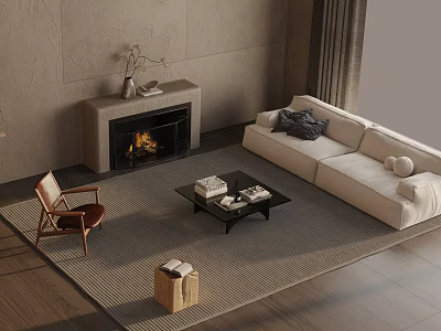 Modern Minimalist Sofa and Coffee Table Set with Fireplace Armchair and Decorative Rug 3d model