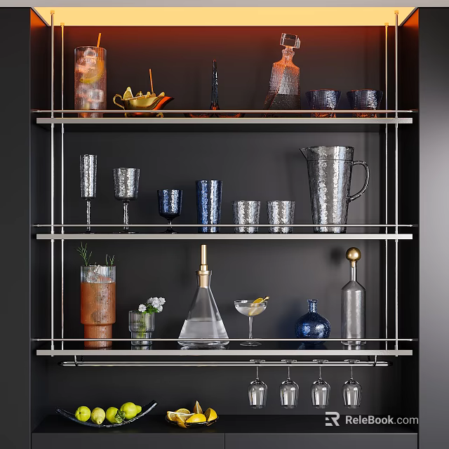 Modern Decorative Item Set on Black Shelves with Glassware Drinkware and Decorative Bottles 3d model 
