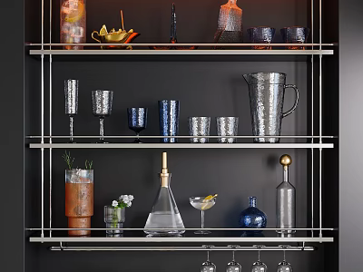 Modern Decorative Item Set on Black Shelves with Glassware Drinkware and Decorative Bottles 3d model