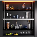 Modern Decorative Item Set on Black Shelves with Glassware Drinkware and Decorative Bottles