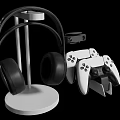 Modern Entertainment Electronics Featuring Black Headphones And White Game Controllers On Stand 3d model