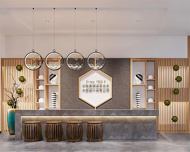 New Chinese Style Front Desk Tea Shop Front Desk Front Desk Service Desk Information Desk Tea Shop Tea Showroom Front Desk Chandelier Decorative Rack 3d model