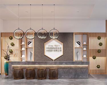 New Chinese Style Front Desk Tea Shop Front Desk Front Desk Service Desk Information Desk Tea Shop Tea Showroom Front Desk Chandelier Decorative Rack 3d model