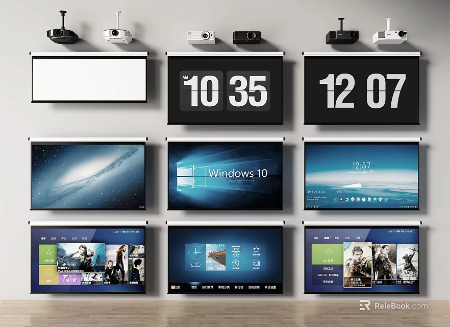 Multiple Wall Mounted Projection Monitoring Screens With Time Displays Windows Interfaces And Charts 3d model 