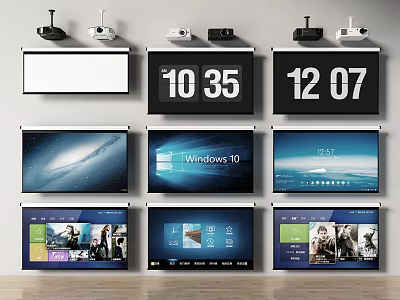 Multiple Wall Mounted Projection Monitoring Screens With Time Displays Windows Interfaces And Charts 3d model