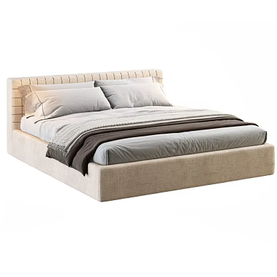 Stylish Modern Double Bed With Upholstered Headboard And Beige Pillows Soft Blanket 3d model