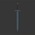 Medieval Sword with Red Hilt Silver Metal Blade Crossguard Design and Reflection on Dark Surface