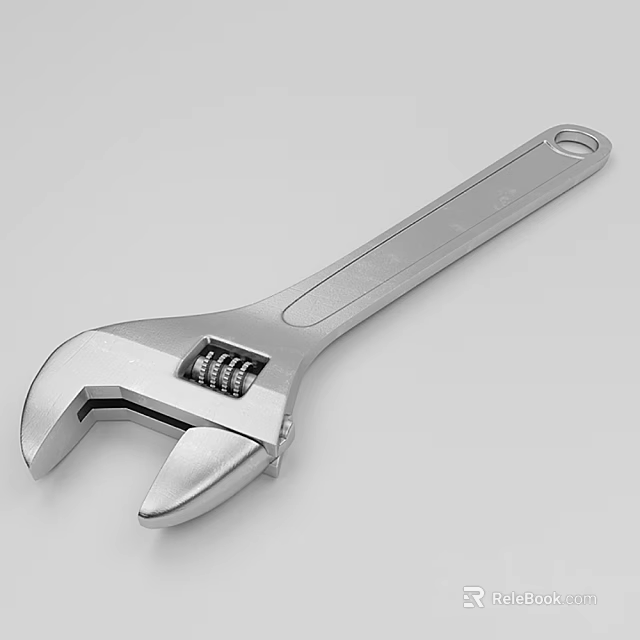 Silver Metal Adjustable Wrench With Spring Mechanism And Grip Handle 3d model 