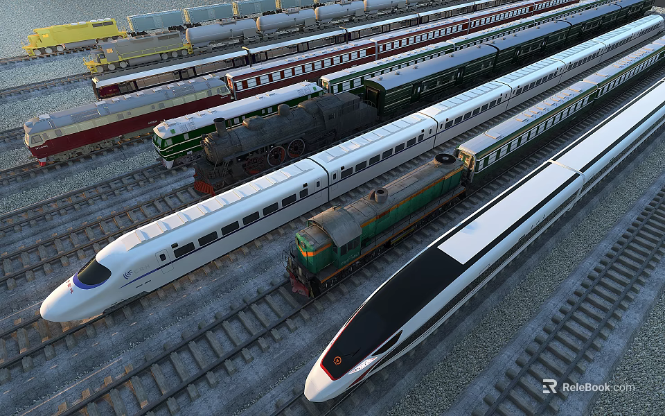 Different Trains with Streamlined High Speed and Vintage Locomotives on Railway Tracks 3d model 