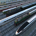 Different Trains with Streamlined High Speed and Vintage Locomotives on Railway Tracks