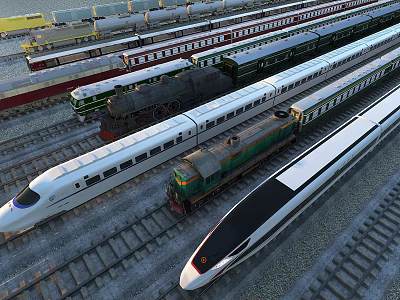 Different Trains with Streamlined High Speed and Vintage Locomotives on Railway Tracks 3d model