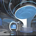 Futuristic Entry Reception Area Design With Curved Blue Lighting And Reflective Marble Reception Desk