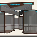 HMOTKSO Modern Display Shelves With Wooden Frame Blue Lighting Transparent Panels Curved Structure