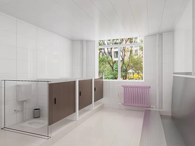 Public Toilet Interior With White Tiled Walls Window Green View Washbasins And Cabinet Units 3d model