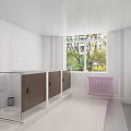 Public Toilet Interior With White Tiled Walls Window Green View Washbasins And Cabinet Units