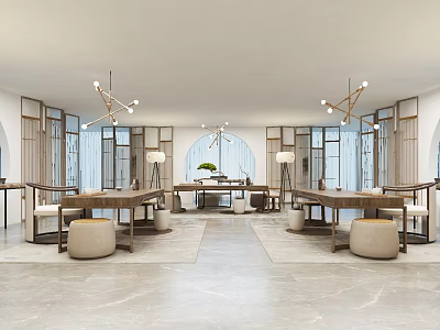 Modern Teahouse Interior Design With Wooden Furniture Pendant Lights And Green Plants 3d model