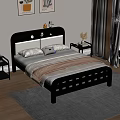 Modern Wooden Double Bed With Headboard Bedding Nightstands Carpet And Curtains In Bedroom