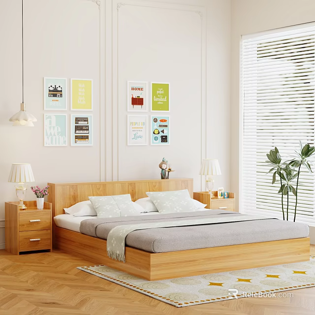 Cozy Double Bed With Wooden Headboard Gray Bedspread Nightstands Lamps Wall Art And Window Blinds 3d model 