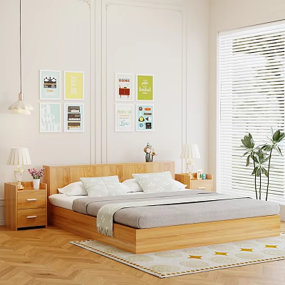 Cozy Double Bed With Wooden Headboard Gray Bedspread Nightstands Lamps Wall Art And Window Blinds 3d model