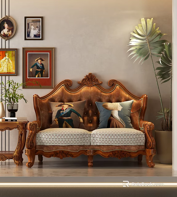 Vintage Carved Wooden Frame Double Sofa With Decorative Cushions And Green Plants 3d model 