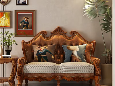 Vintage Carved Wooden Frame Double Sofa With Decorative Cushions And Green Plants 3d model