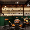 Modern Cafe Interior Design With Green Furniture Wooden Bar Hanging Lamps And Colorful Cushions