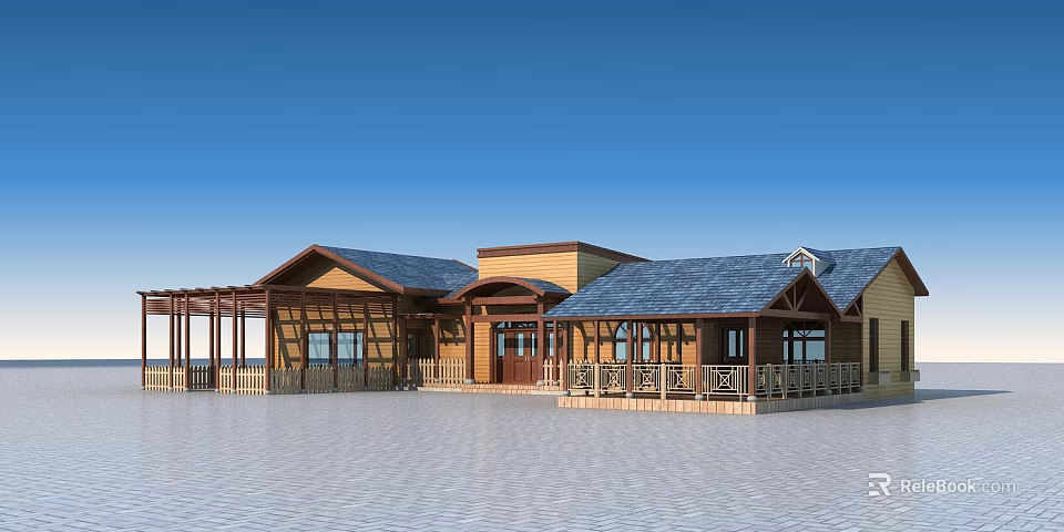 Wooden House Exterior Design With Solar Roof Porch Large Windows And Open Ground 3d model 