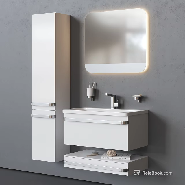 White Washbasin Vanity With Mirror Cabinet Faucet Cup Lower Cabinet Magazines On Gray Wall 3d model 