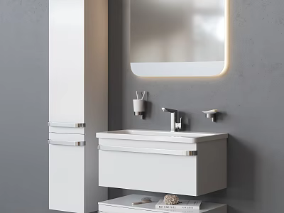 White Washbasin Vanity With Mirror Cabinet Faucet Cup Lower Cabinet Magazines On Gray Wall 3d model