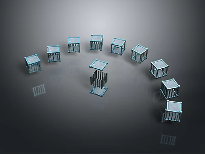 Transparent Cube Equipment Arranged in Circular Formation with Central Taller Structure 3d model