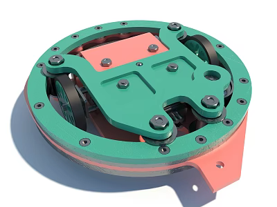 Circular Mechanical Component With Green Pink Parts Bolts Wheels And Holes 3d model