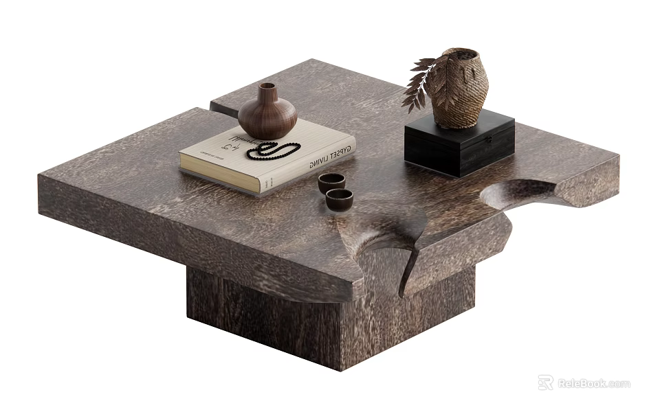 Wooden Coffee Table with Book Clay Pot Small Cups and Decorative Ornament on Black Base 3d model 