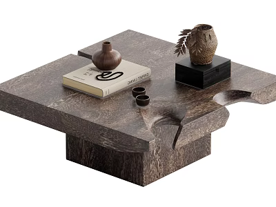 Wooden Coffee Table with Book Clay Pot Small Cups and Decorative Ornament on Black Base 3d model