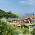 Modern Wooden Road Facility with Curved Roof Pedestrians and Green Landscape