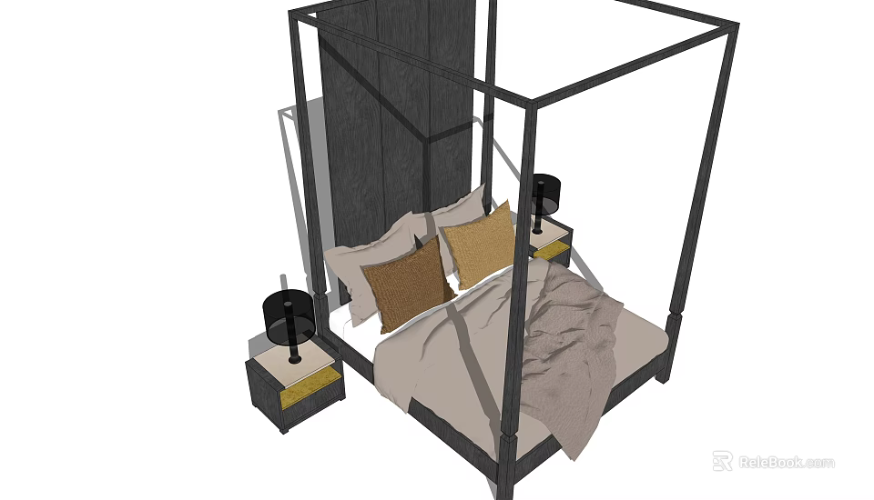 Modern Four Poster Double Bed with Dark Headboard Pillows and Bedside Table Lamps 3d model 