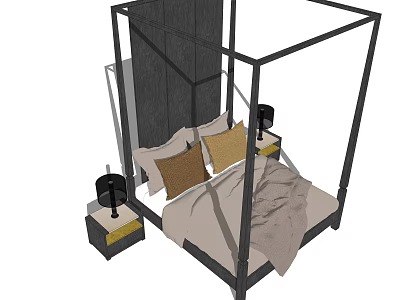 Modern Four Poster Double Bed with Dark Headboard Pillows and Bedside Table Lamps 3d model
